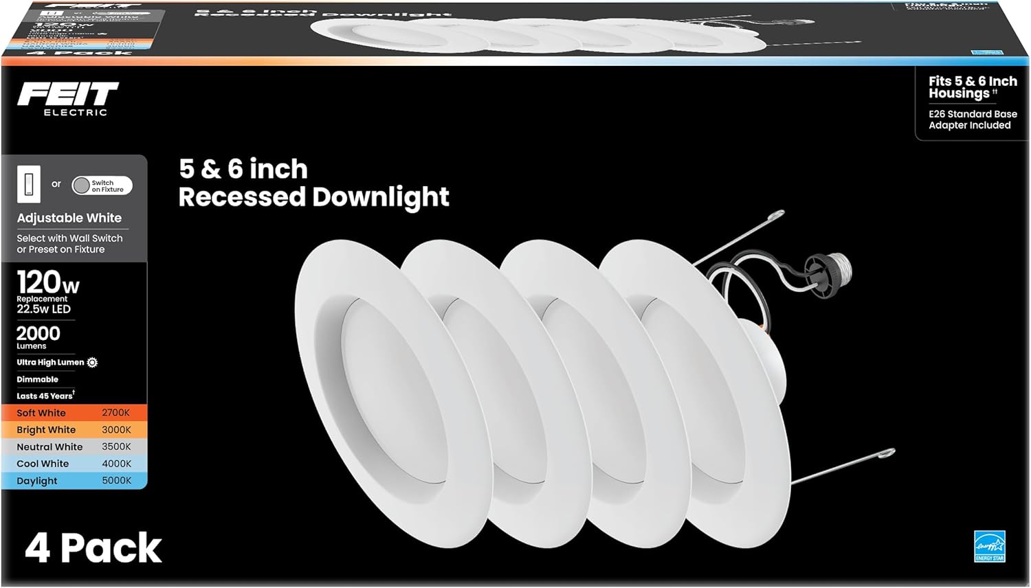 Feit Electric LED Recessed Downlight, fit Most 5-6" Housing Cans, Baffle Trim, Dimmable, 75W Equivalent 10.2W, 925 LM Retrofit kit, 75 Watt, 2700K Soft White, 6-Pack LEDR56B/927CA/MP/6