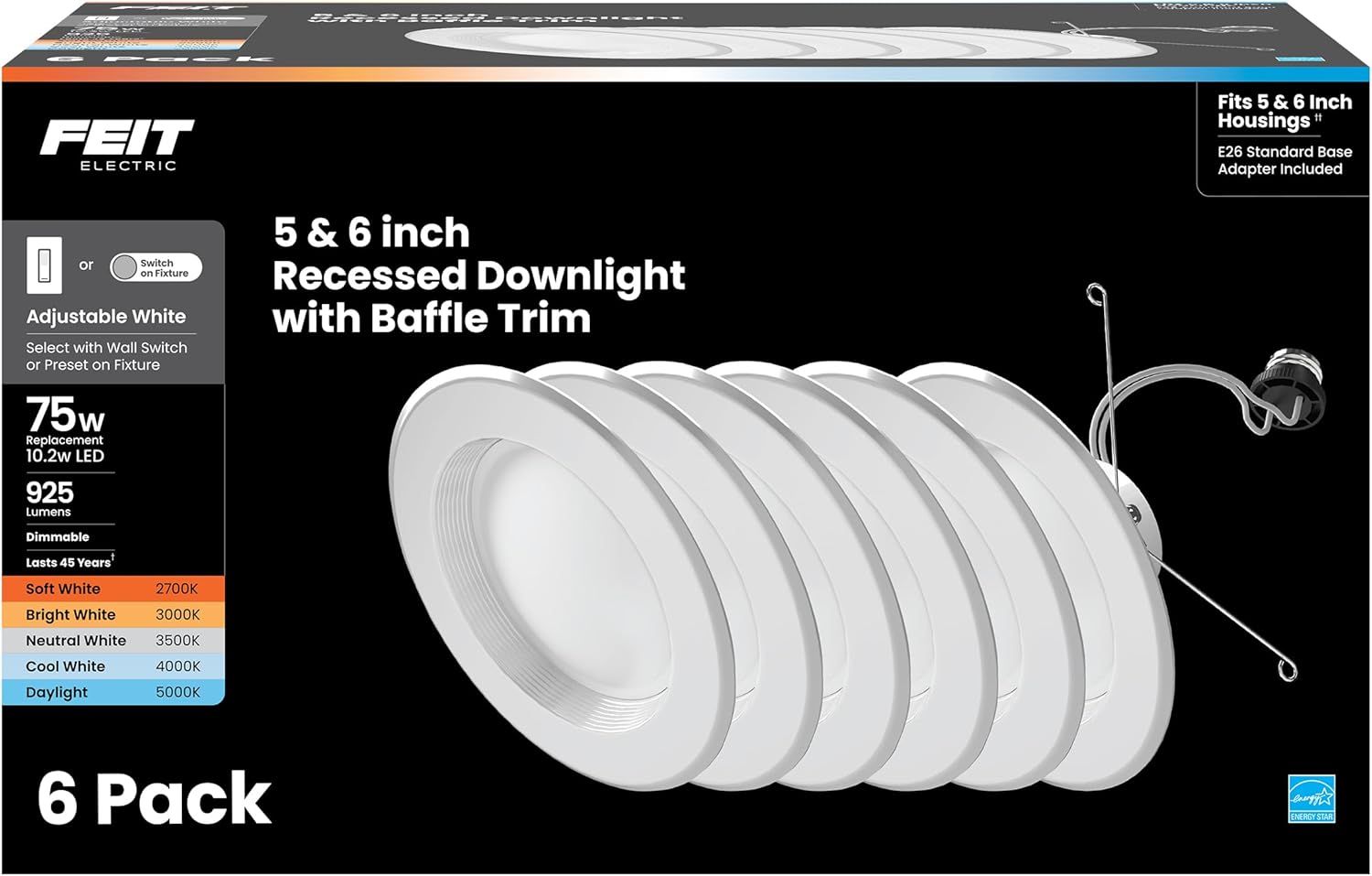 Feit Electric LED Recessed Downlight, fit Most 5-6" Housing Cans, Baffle Trim, Dimmable, 75W Equivalent 10.2W, 925 LM Retrofit kit, 75 Watt, 2700K Soft White, 6-Pack LEDR56B/927CA/MP/6